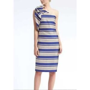 NWT Banana Republic One-Shoulder Bow Sheath Dress Womens Sz 10 Blue Ivory Stripe